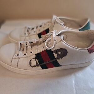 Designer GUCCI 36.5  Worn Ace Pin Leather Sneakers